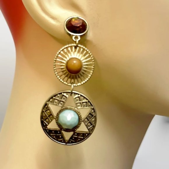 Jewelry - Boho Earrings, Antiqued Gold Tone, Southwestern, 2 1/2" Long, Unique